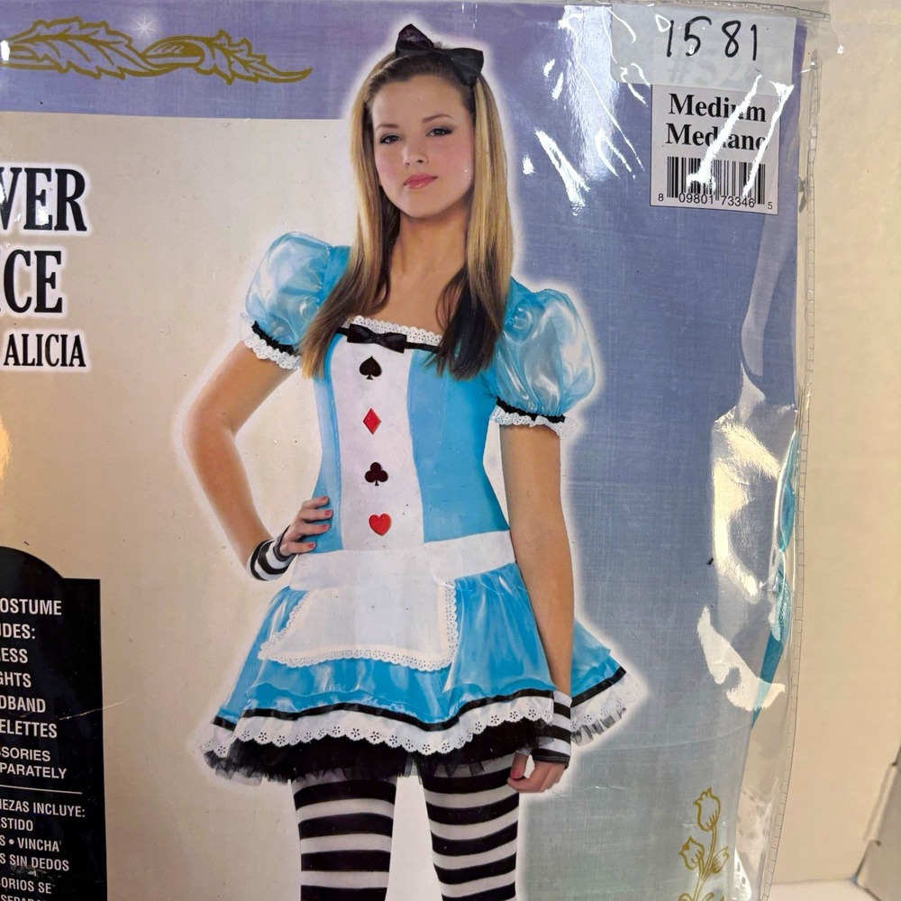 Amscan Clever Alice In Wonderland Costume Set Blue Dress Tights Junior Med 7-9